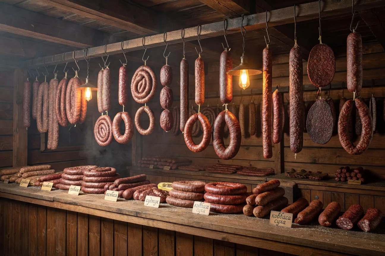 Assortiment de saucisses fumées russes et ukrainiennes sur un comptoir d'épicerie slave