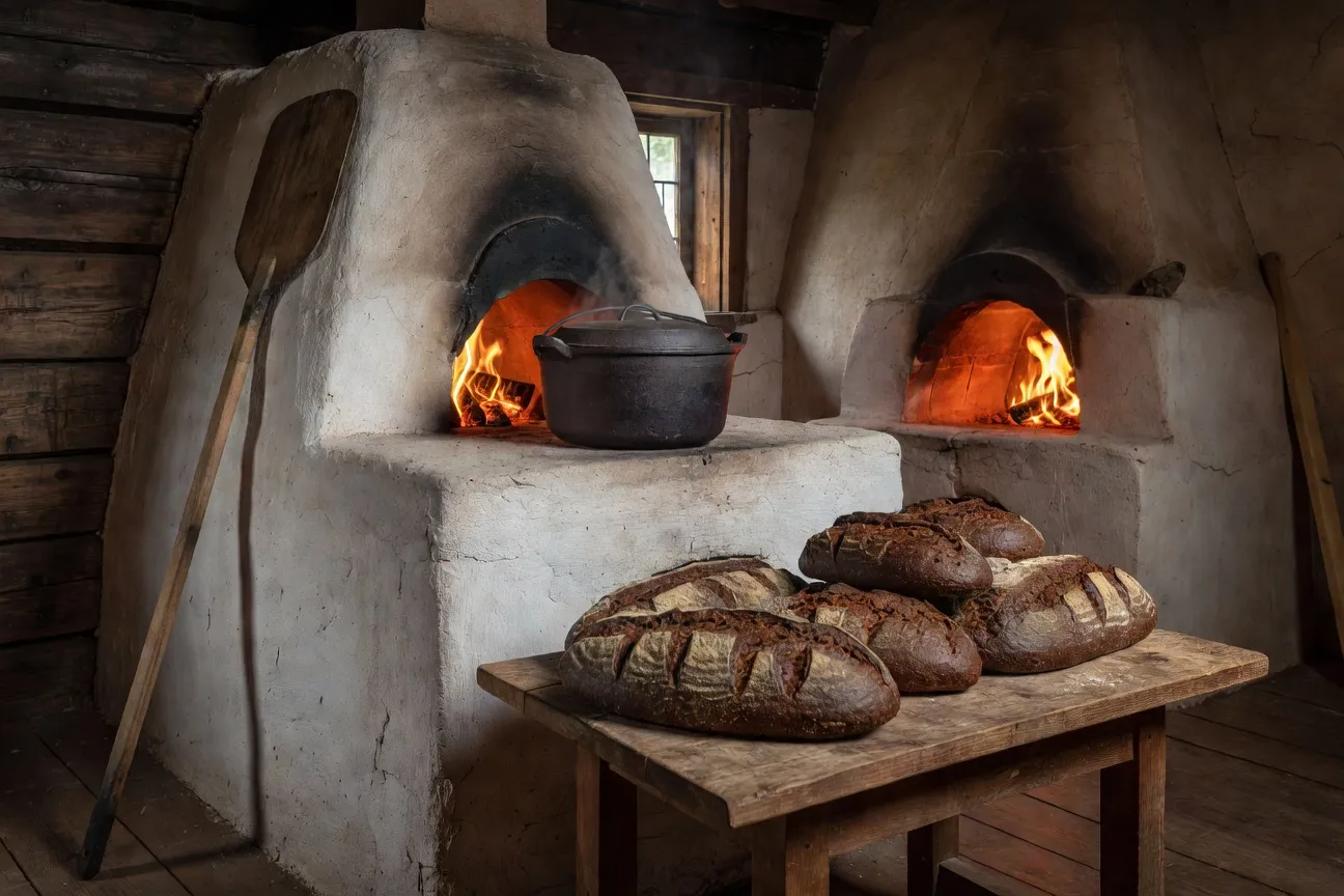 Four russe traditionnel en argile blanche dans une izba avec marmite en fonte et pain noir