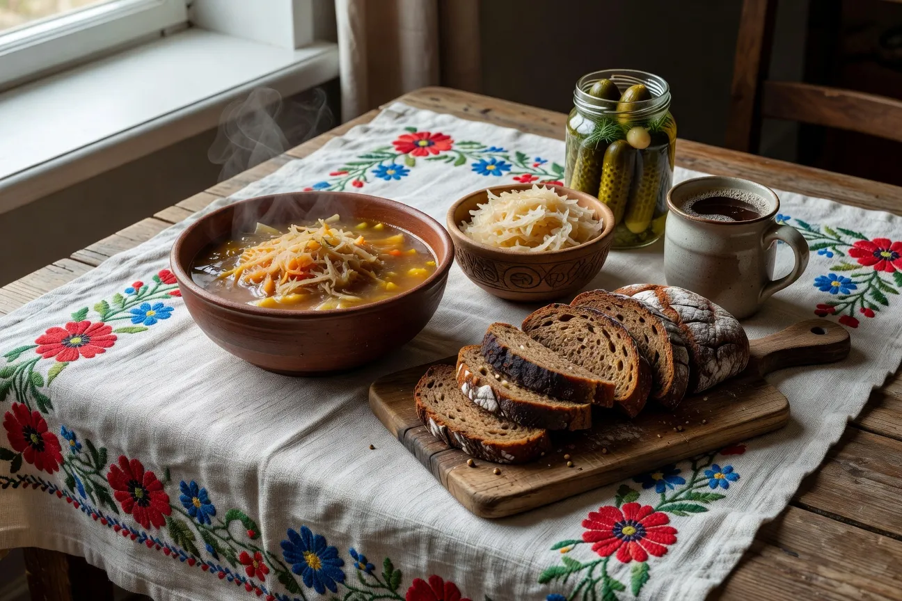 Table paysanne russe avec pain de seigle, choucroute, conserves et soupe schi traditionnelle