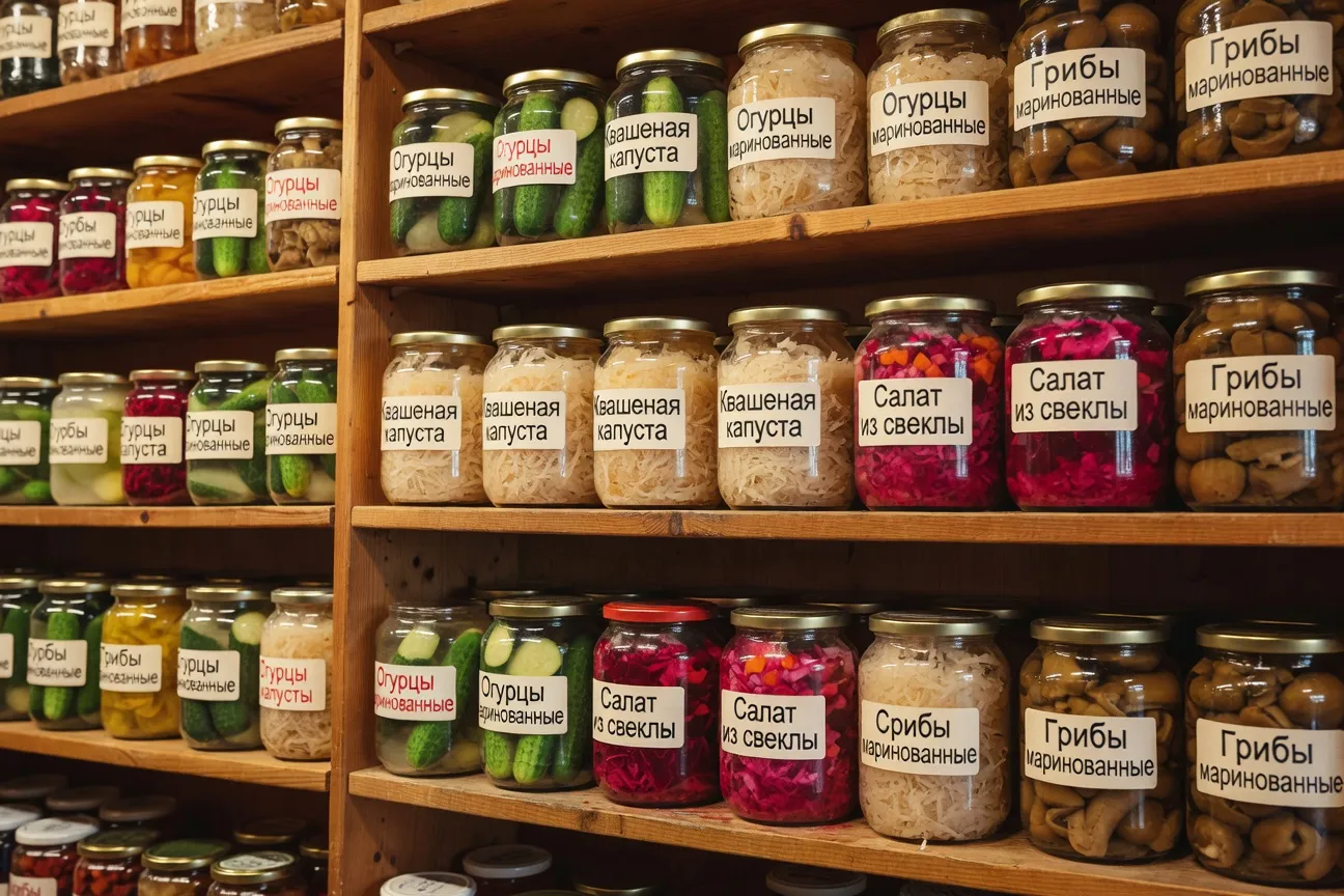 Étalage d'épicerie russe à Lille avec conserves, bocaux et produits cyrilliques