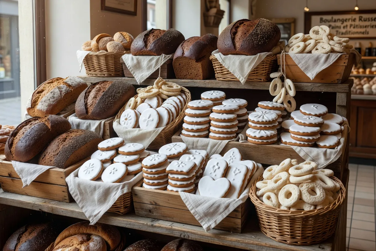 Rayon de pain noir russe et viennoiseries traditionnelles dans une épicerie du Nord
