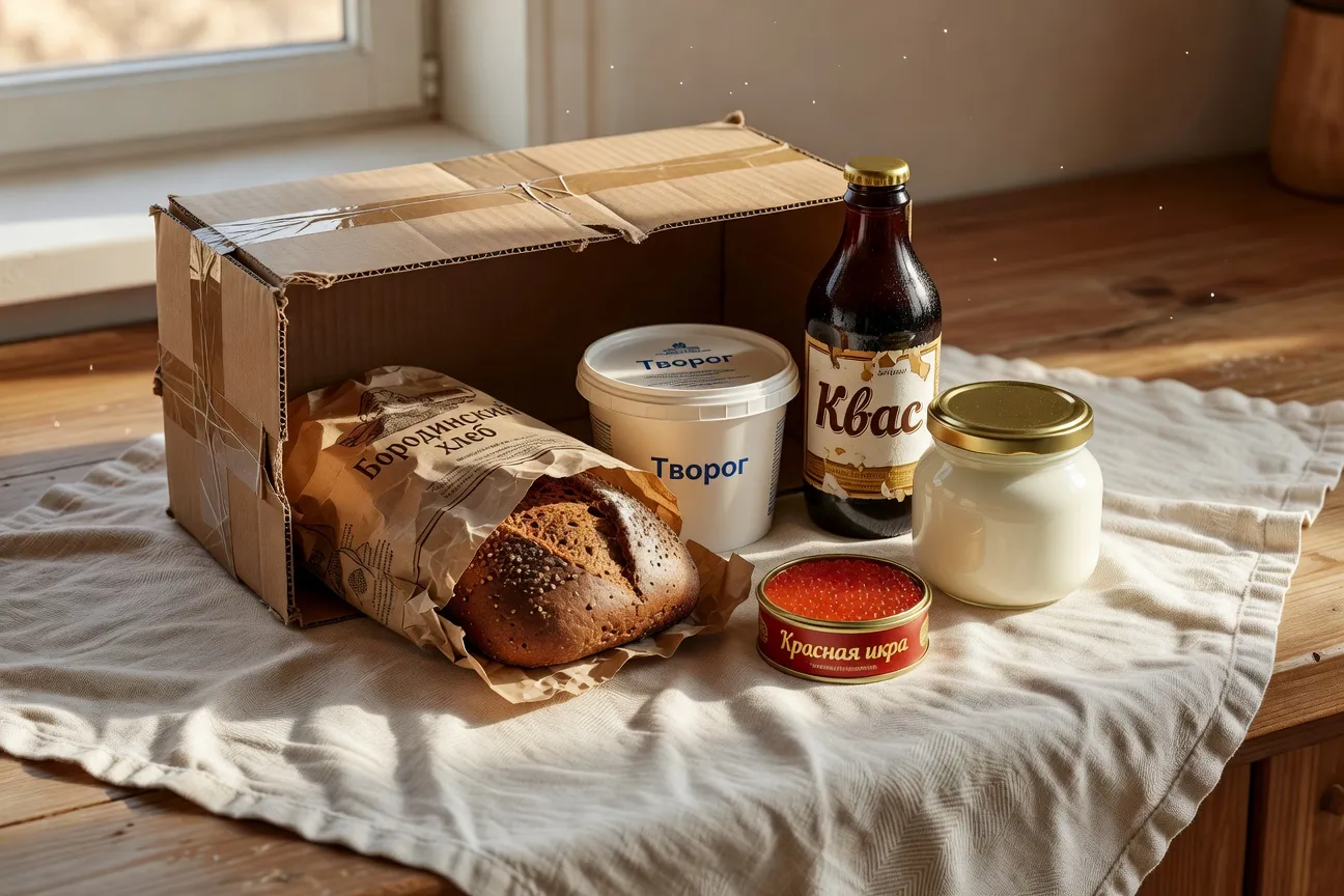 Livraison à domicile de produits russes en France : carton avec kéfir, borodinski et conserves slaves
