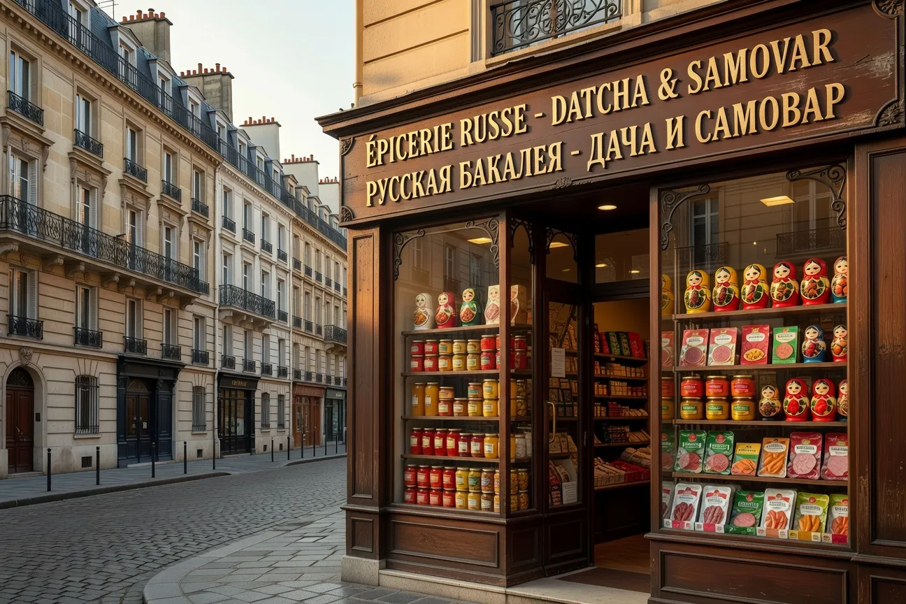 Rayonnages d'une épicerie russe à Paris avec produits laitiers, conserves slaves et pain Borodinski