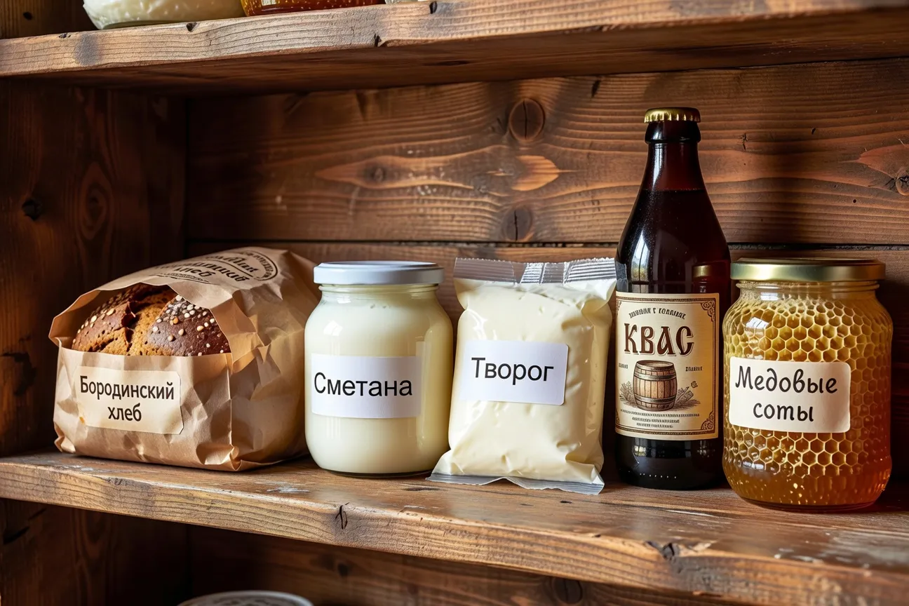 Rayonnages d’une épicerie russe parisienne : pain borodinski, conserves slaves et produits laitiers fermentés