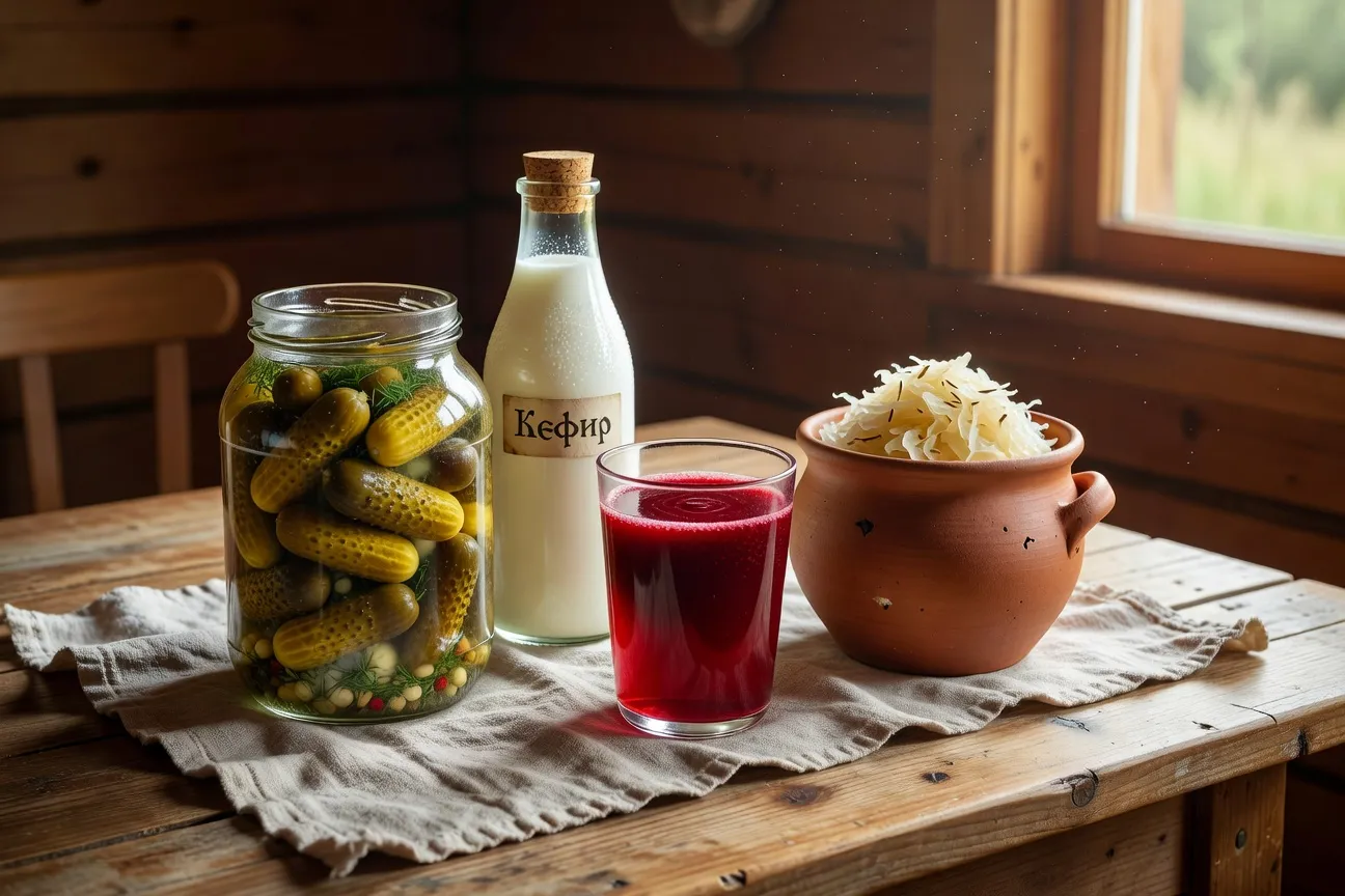 Bocaux de légumes fermentés russes — cornichons à l'aneth, choucroute (kapusta) et betterave marinée