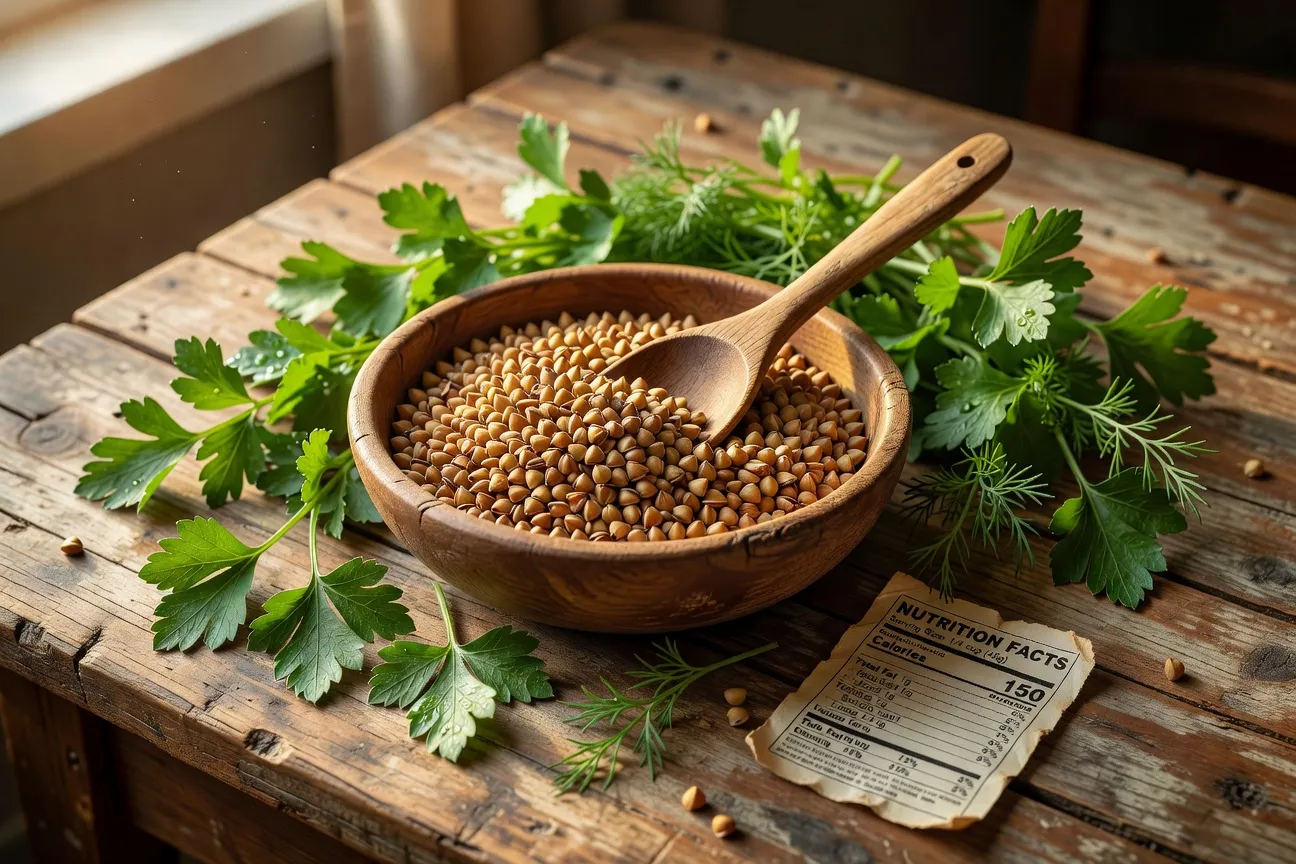 Sarrasin (gretchka) grillé dans une poêle avec beurre et herbes aromatiques pour le kasha russe