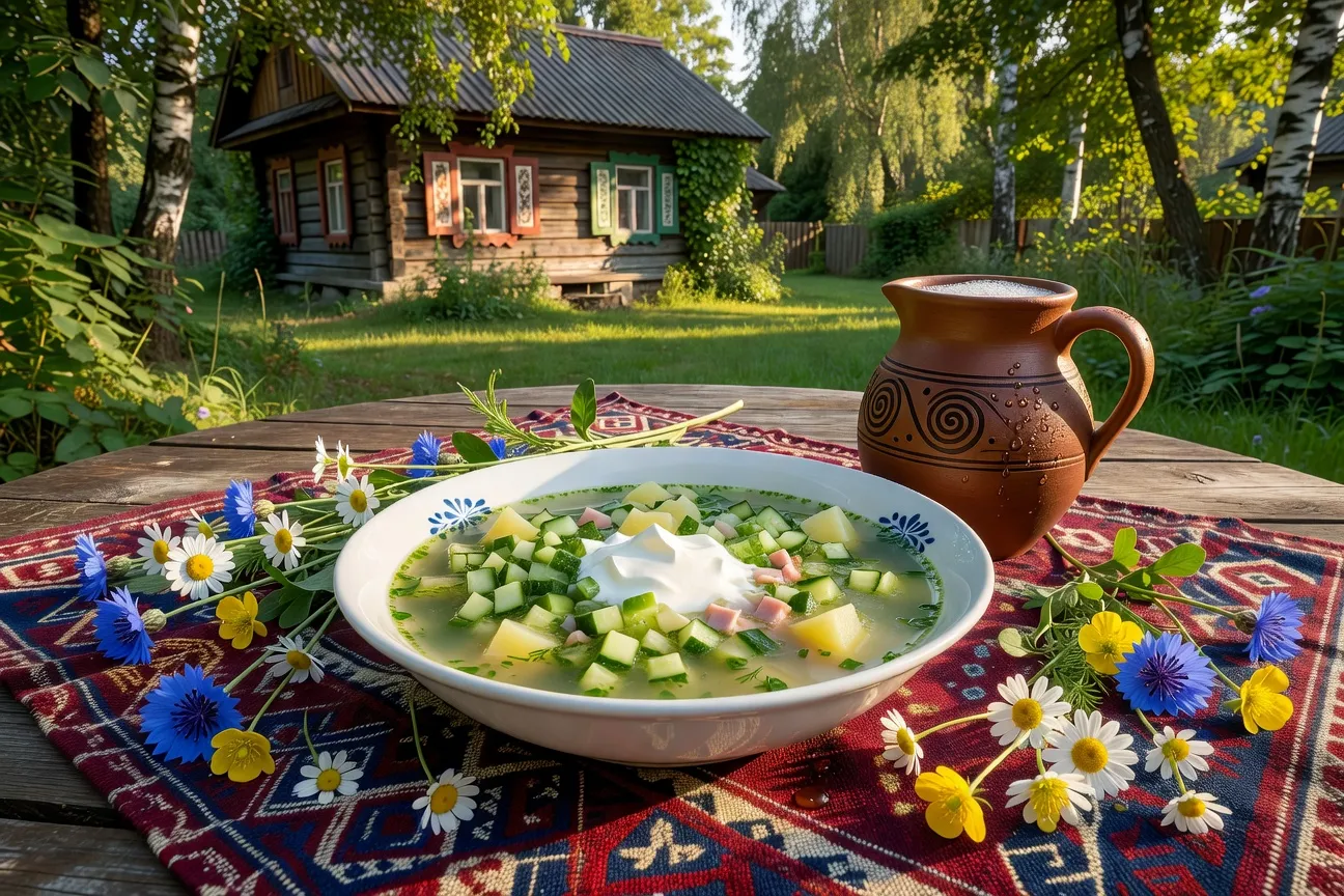 Bol d'okrochka russe garni de smetana, d'aneth frais et de ciboulette, servi avec du pain de seigle