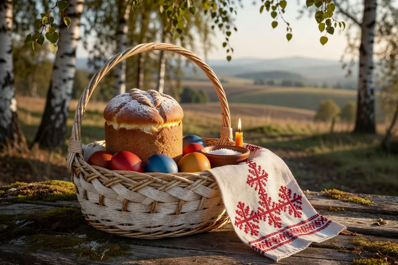 Panier traditionnel de Pâques russe avec pain bénit, koulitch et œufs colorés