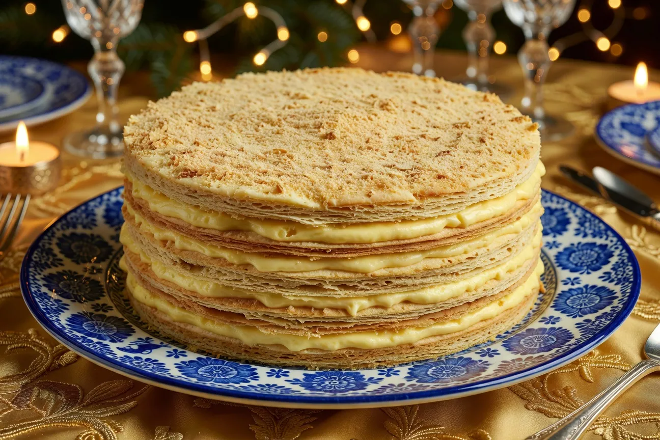 Gâteau Napoléon russe tranché en couches alternées de pâte croustillante et crème pâtissière