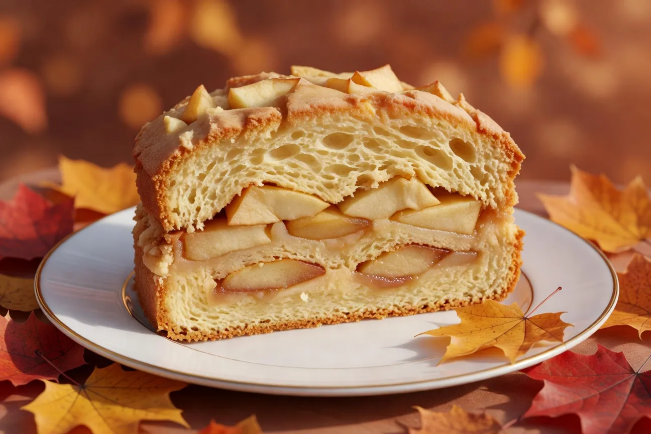 Sharlotka fraîche aux pommes découpée en parts, pommes caramélisées apparentes et sucre glace