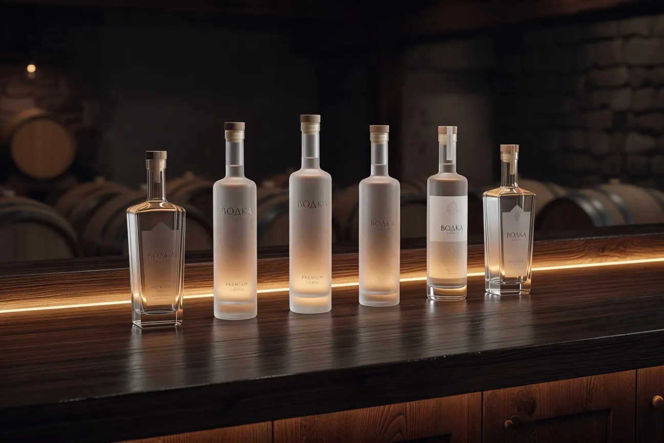 Sélection de bouteilles de vodkas russes, ukrainiennes et polonaises sur un comptoir en chêne