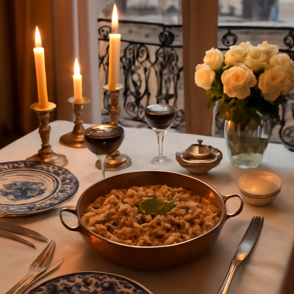 Table de dîner russo-française avec bœuf stroganov en cocotte cuivrée et pelmenis