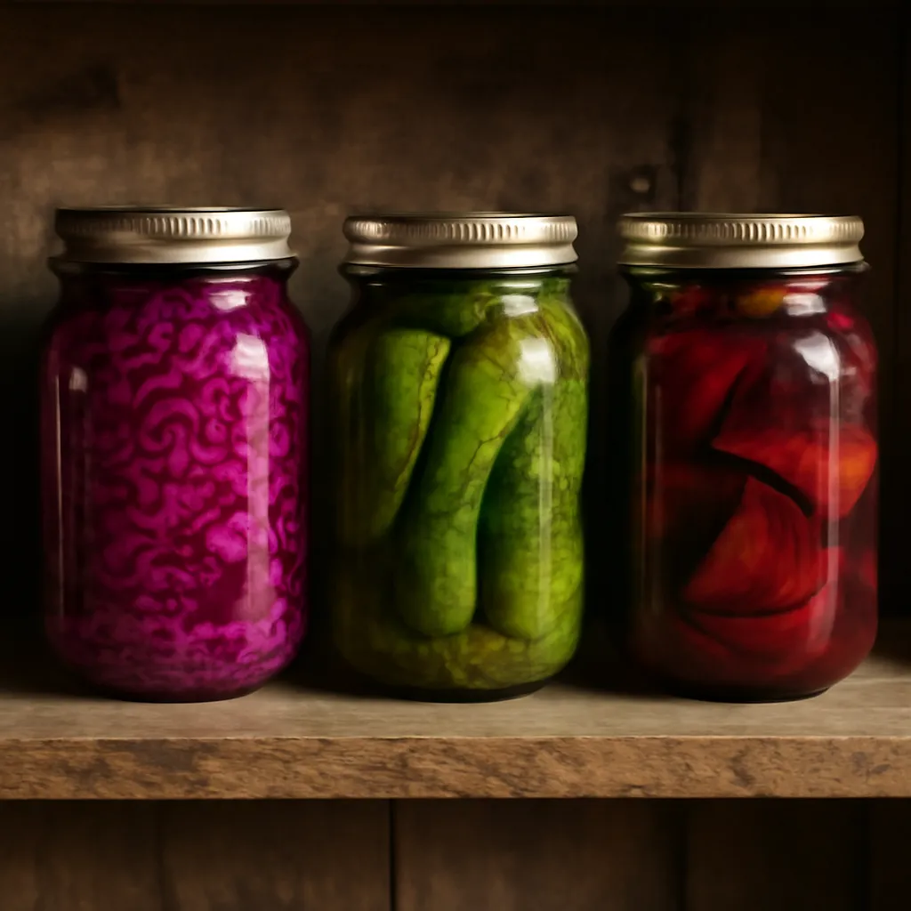 Bocaux de légumes fermentés russes — chou, betteraves et cornichons sur étagère en bois