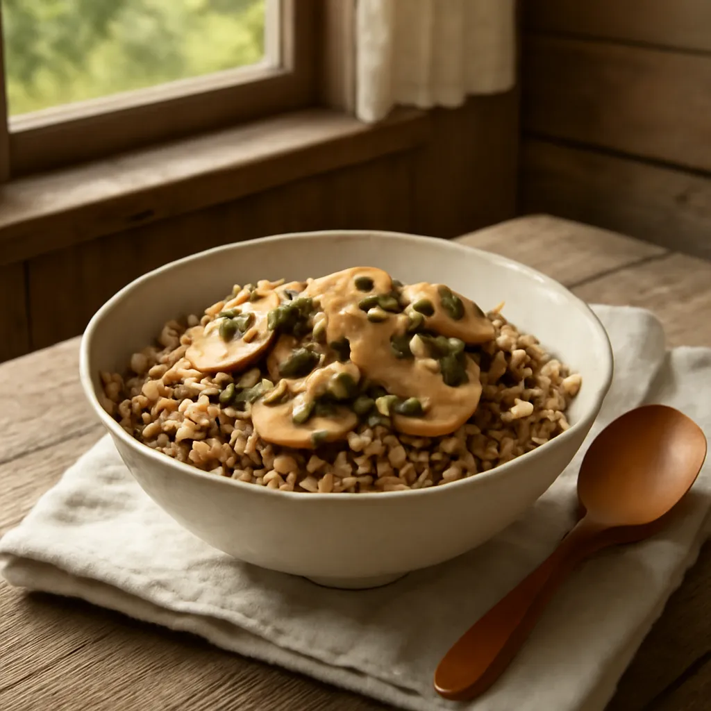 Bol de kasha de sarrasin avec beurre et champignons, sur table de cuisine naturelle