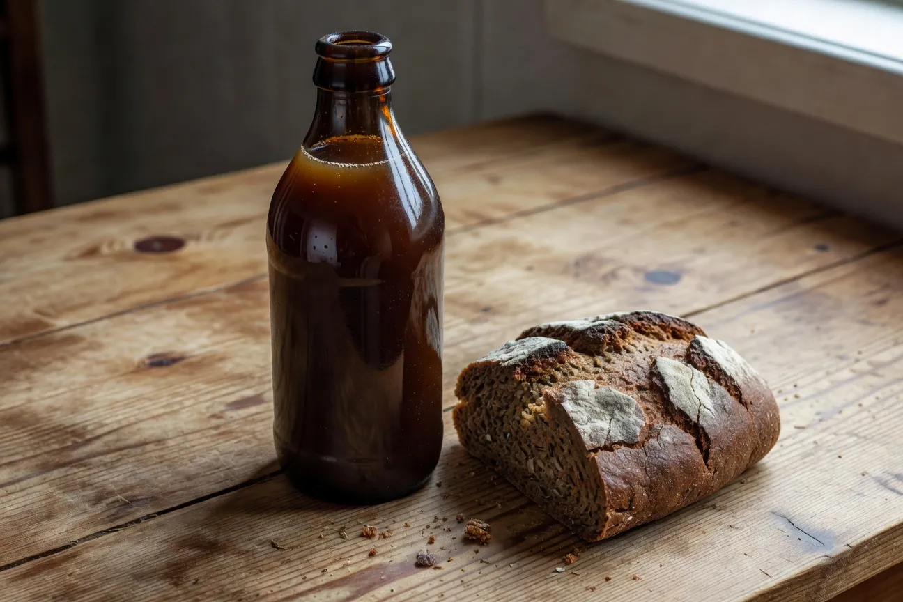 Kvass maison brassé avec pain de seigle russe en bouteille ambrée sur table de bois