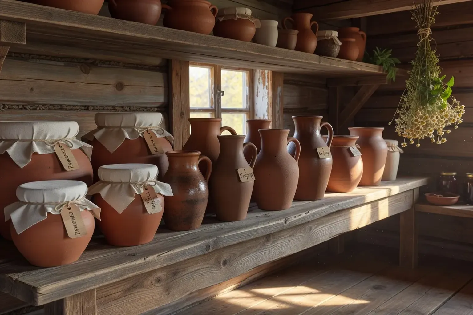 Pots de fermentation kéfir et ryazhenka sur étagère de datcha en bois naturel