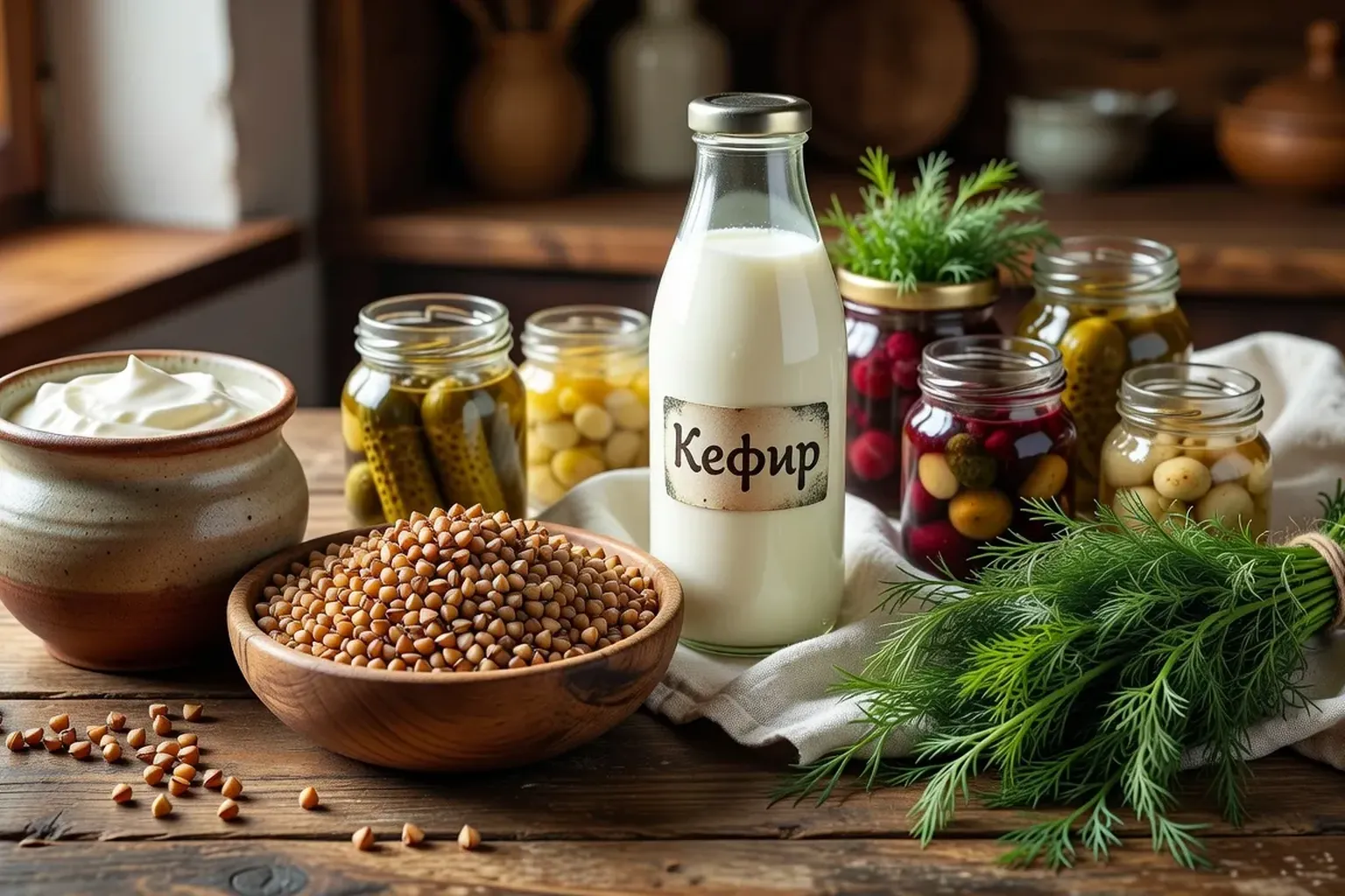Produits russes typiques sur une table en bois : sarrasin torréfié, smetana, kéfir, aneth frais et conserves en bocaux