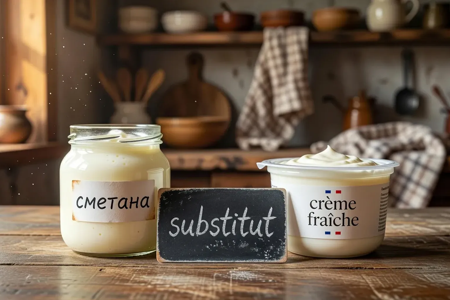 Pot de сметана russe et pot de crème fraîche française côte à côte sur une table rustique, illustration de la substitution
