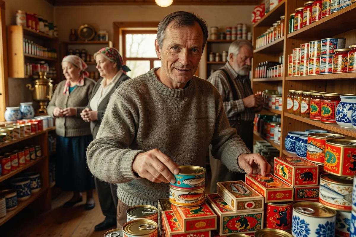 Bocaux de conserves et marinades sur les rayons d'une épicerie russe