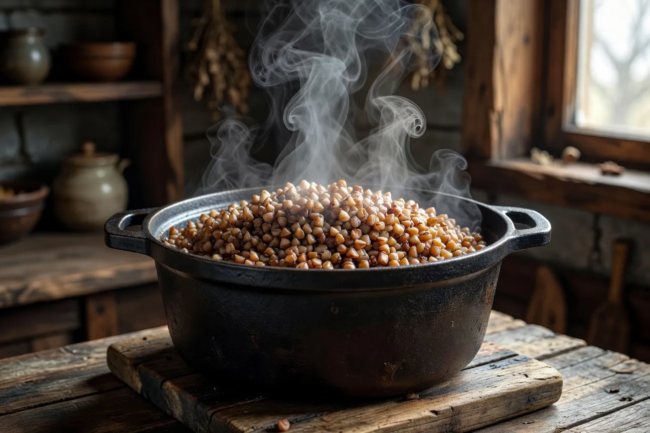 Kacha en cuisson dans une casserole en fonte sur plaque de bois rustique