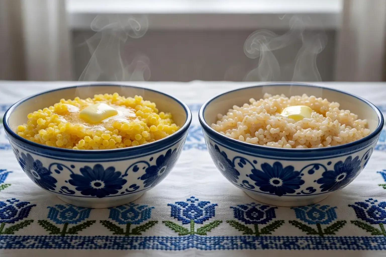Kacha de millet doré et kacha d'orge perlé dans des bols en céramique Gzhel sur nappe blanche