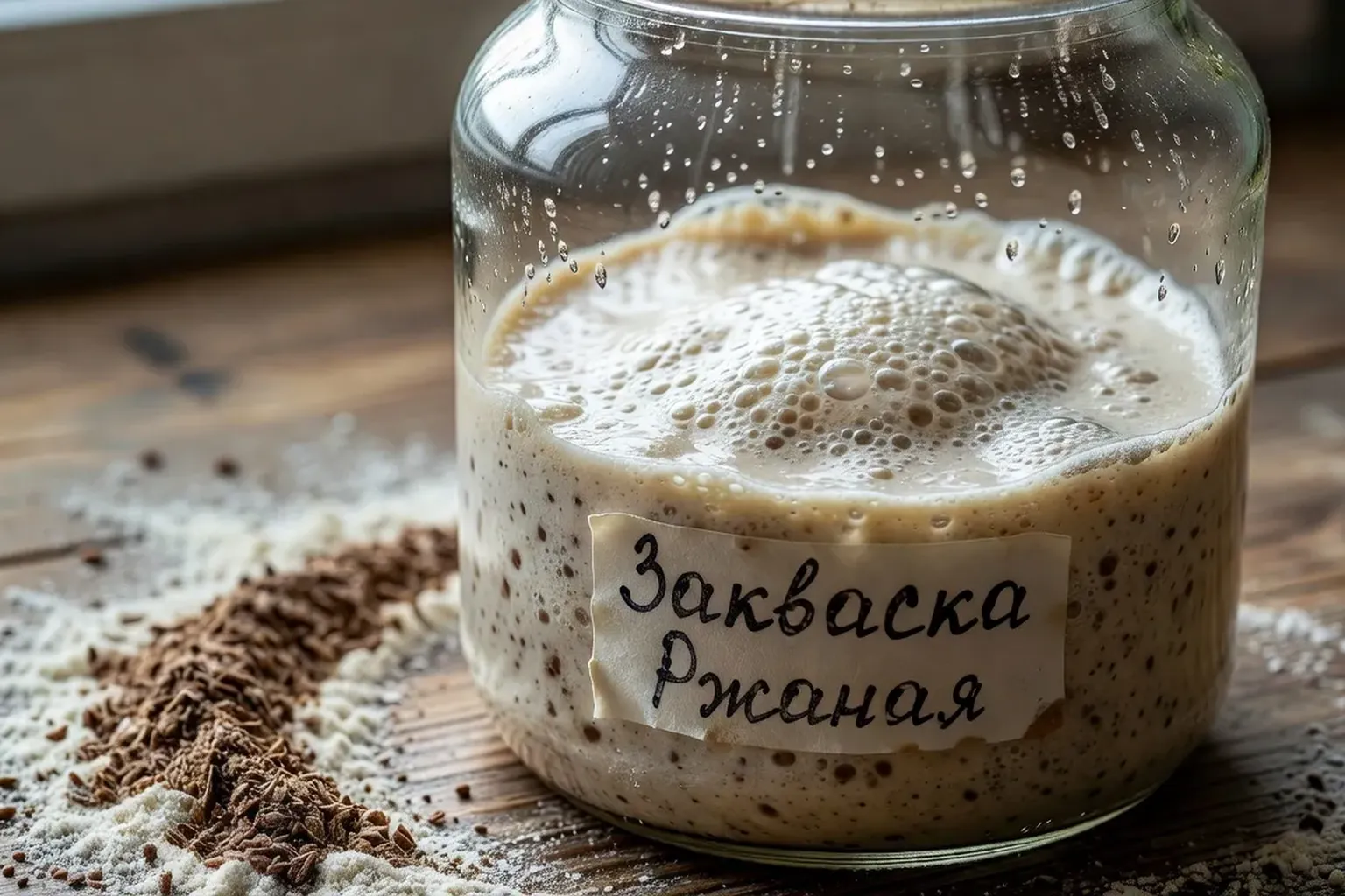 Levain russe zakvasska dans un bocal en verre avec bulles actives et odeur fermentée