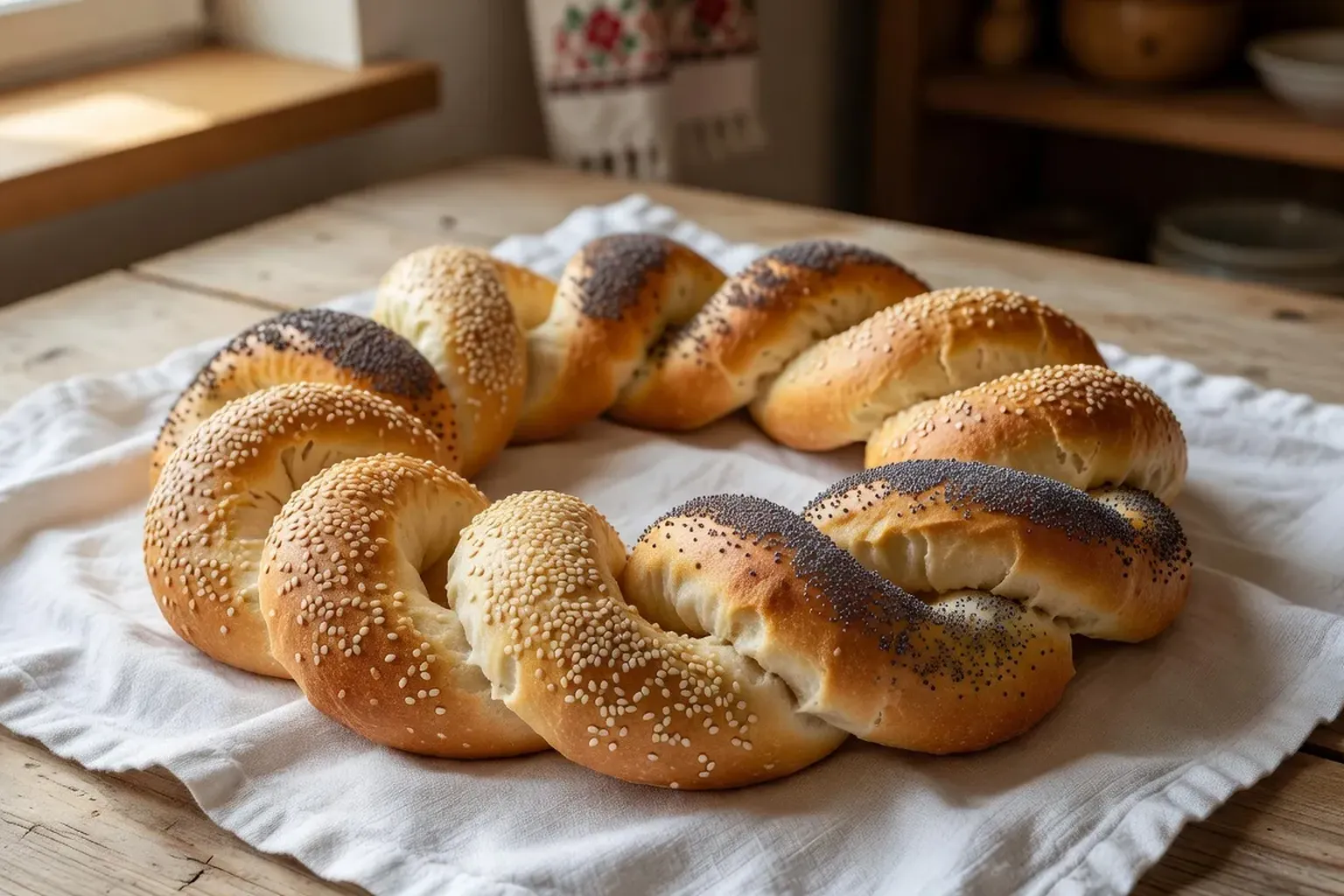 Bubliki en couronne tressée posés sur un torchon en lin blanc traditionnel