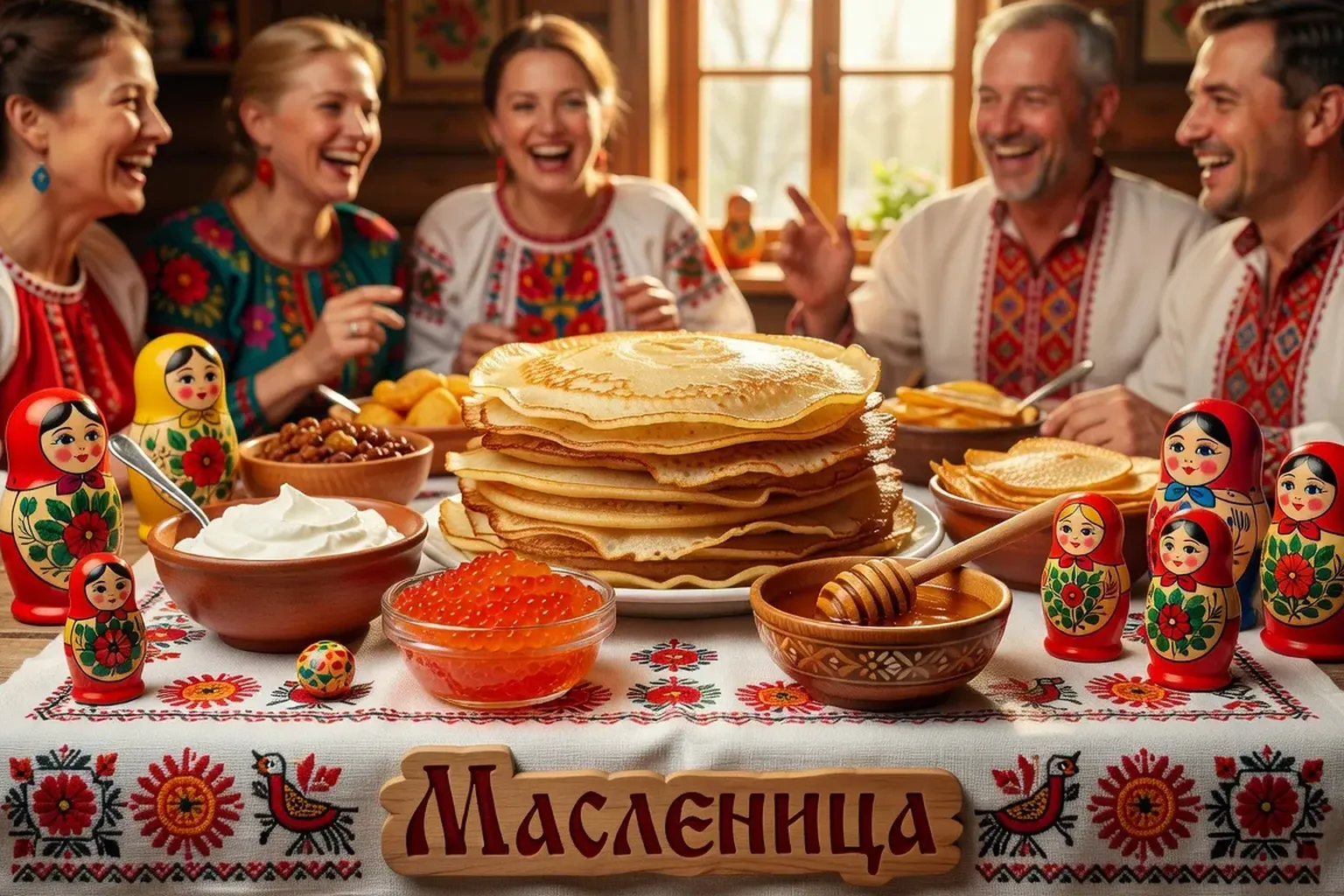 Table russe dressée pour la Maslenitsa avec blinis, smetana et caviar de betterave