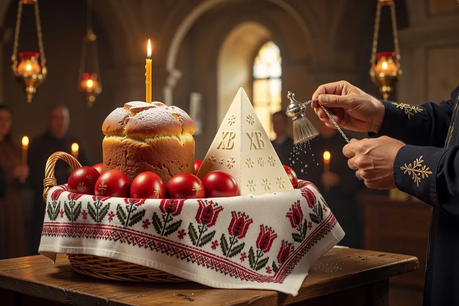 Panier pascal orné avec koulitch, œufs rouges et paskha en fromage blanc