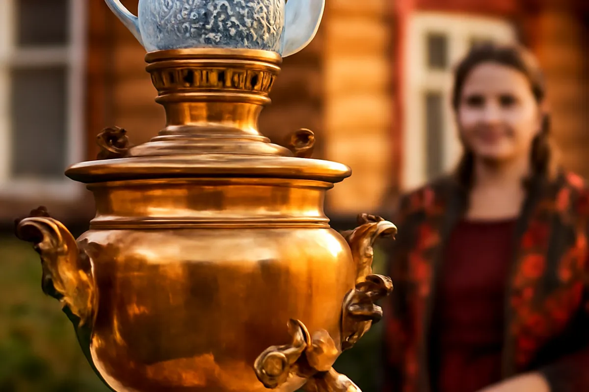 Samovar traditionnel en cuivre avec théière à zavarka posée au sommet