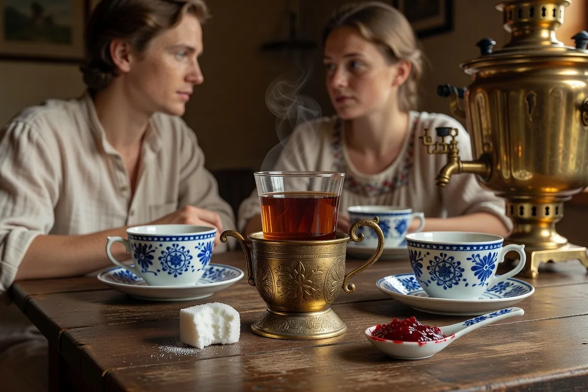 Table à thé russe traditionnelle avec podstakanniks et confitures