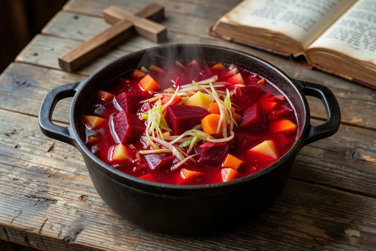 Bortsch maigre de légumes rouge vif dans une casserole en fonte sur fond rustique