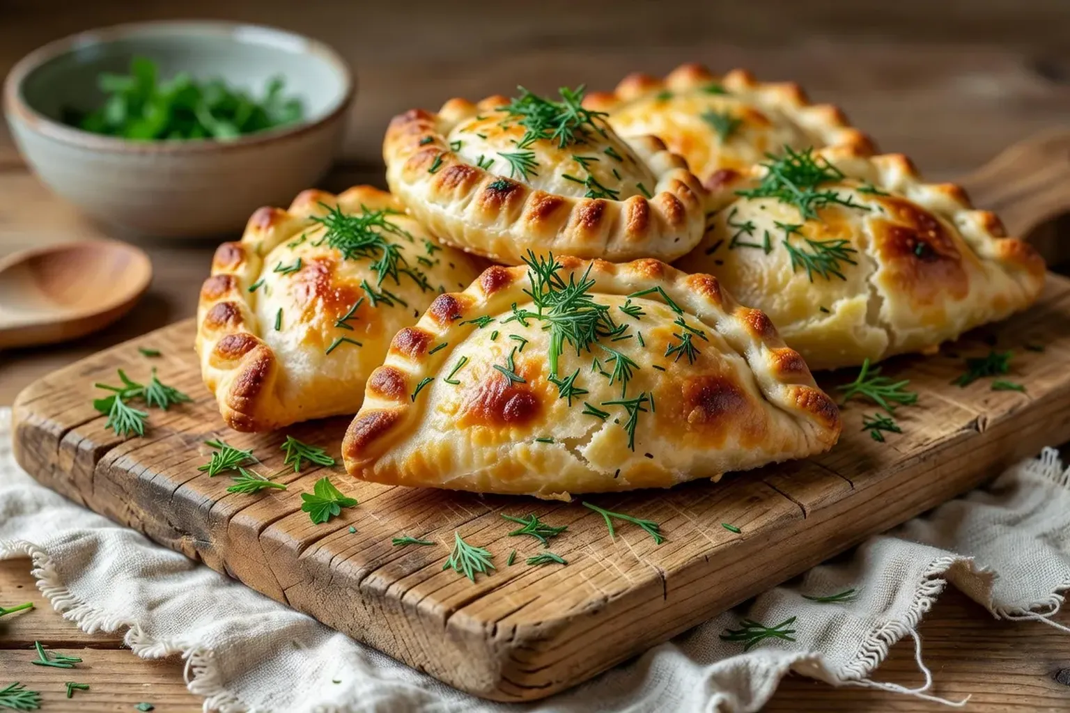 Pirozhki au chou de carême dorés sur planche en bois avec saupoudrage d'herbes