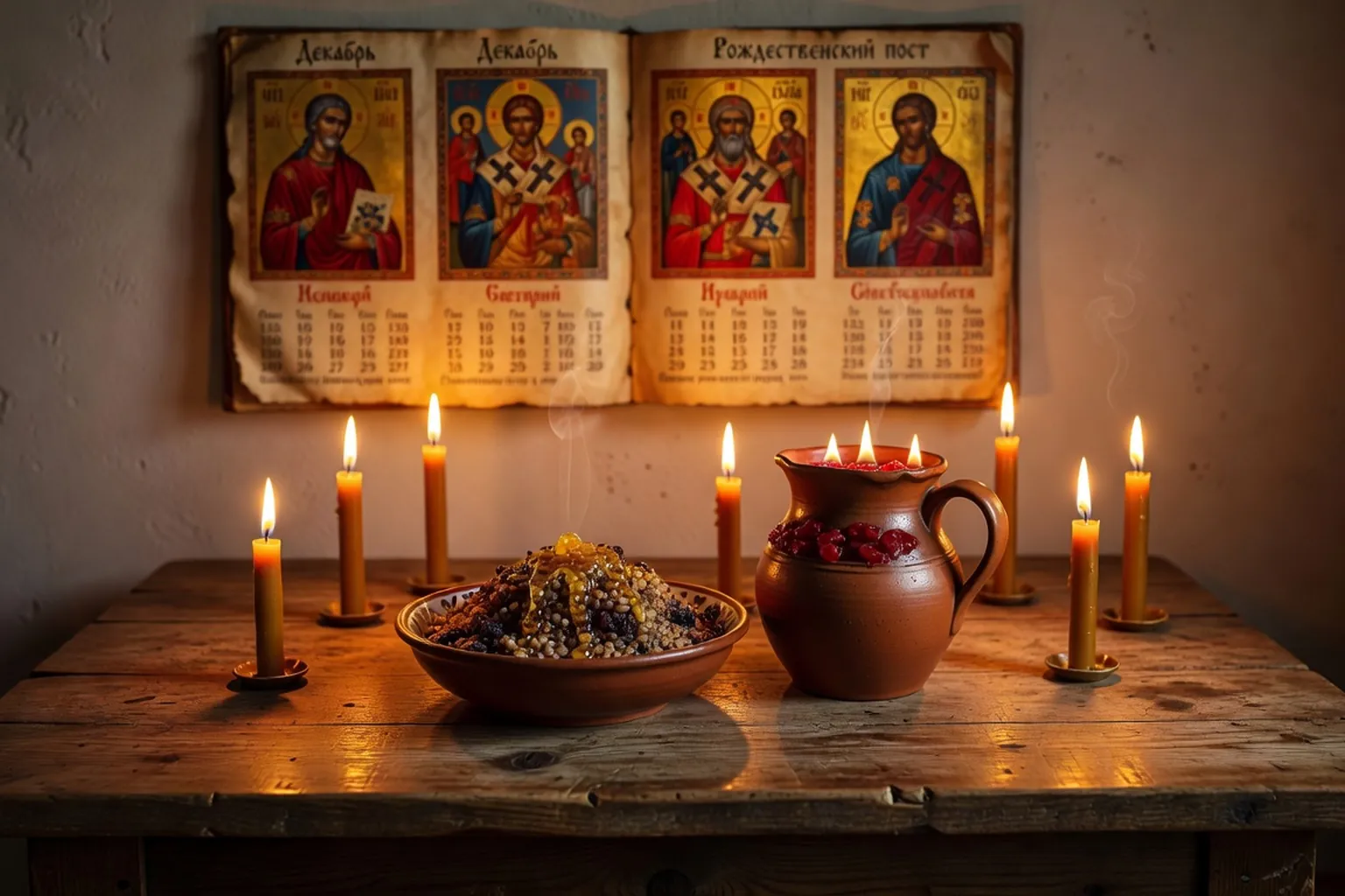 Table de vigile de Noel orthodoxe avec icones et kutya