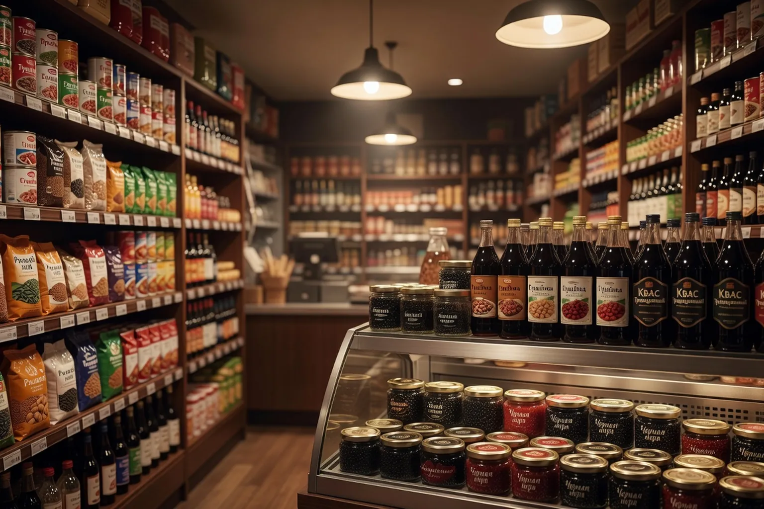 Interieur d'epicerie russe a Paris avec produits importes