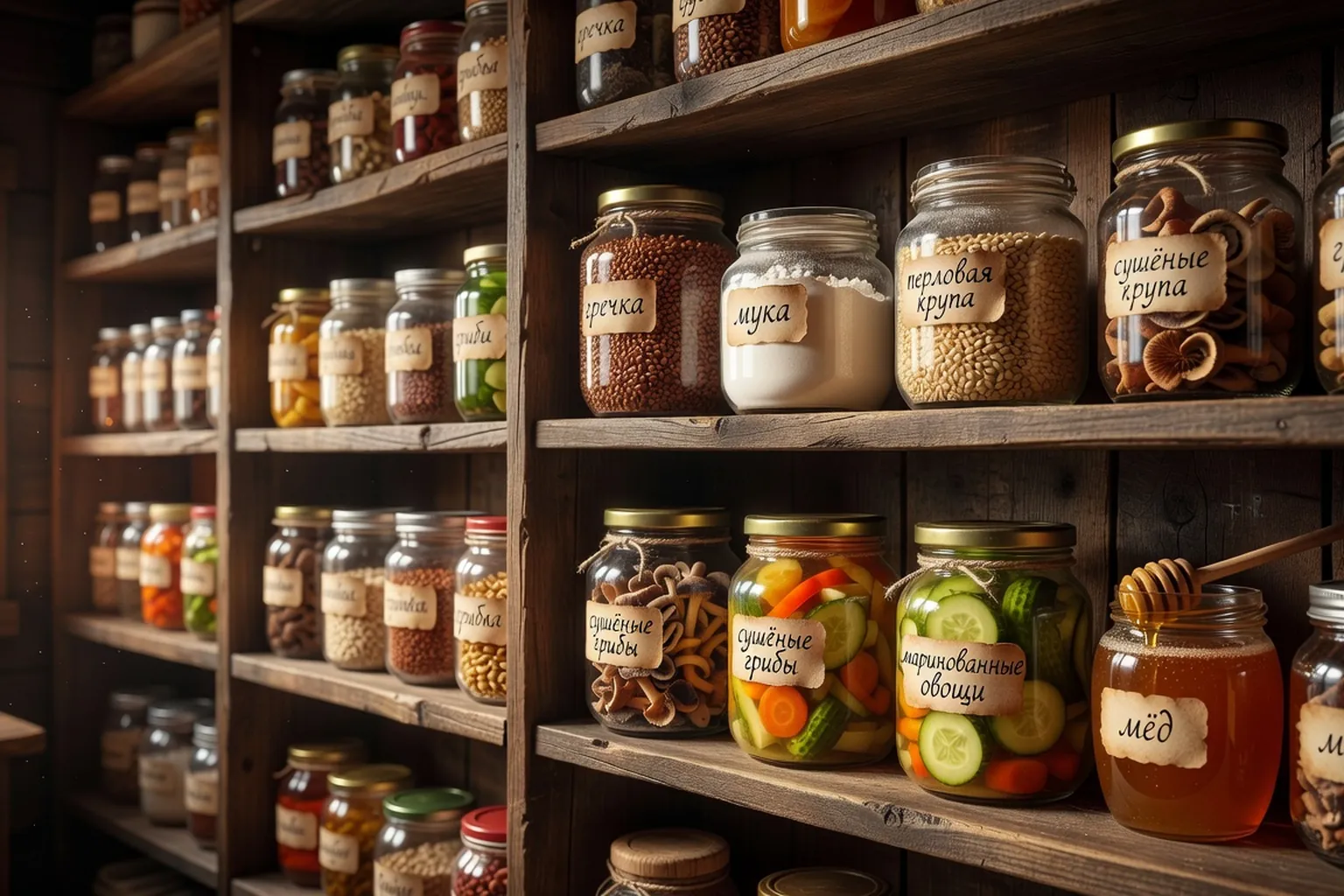 Etageres d'epicerie russe avec bocaux d'ingredients traditionnels