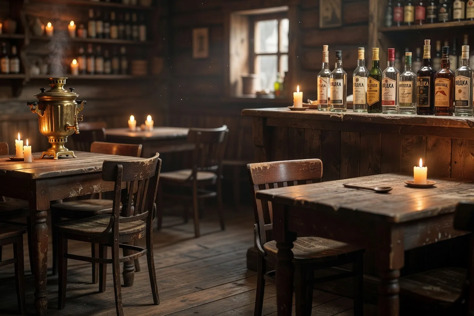 Taverne russe traditionnelle avec vodka et samovar