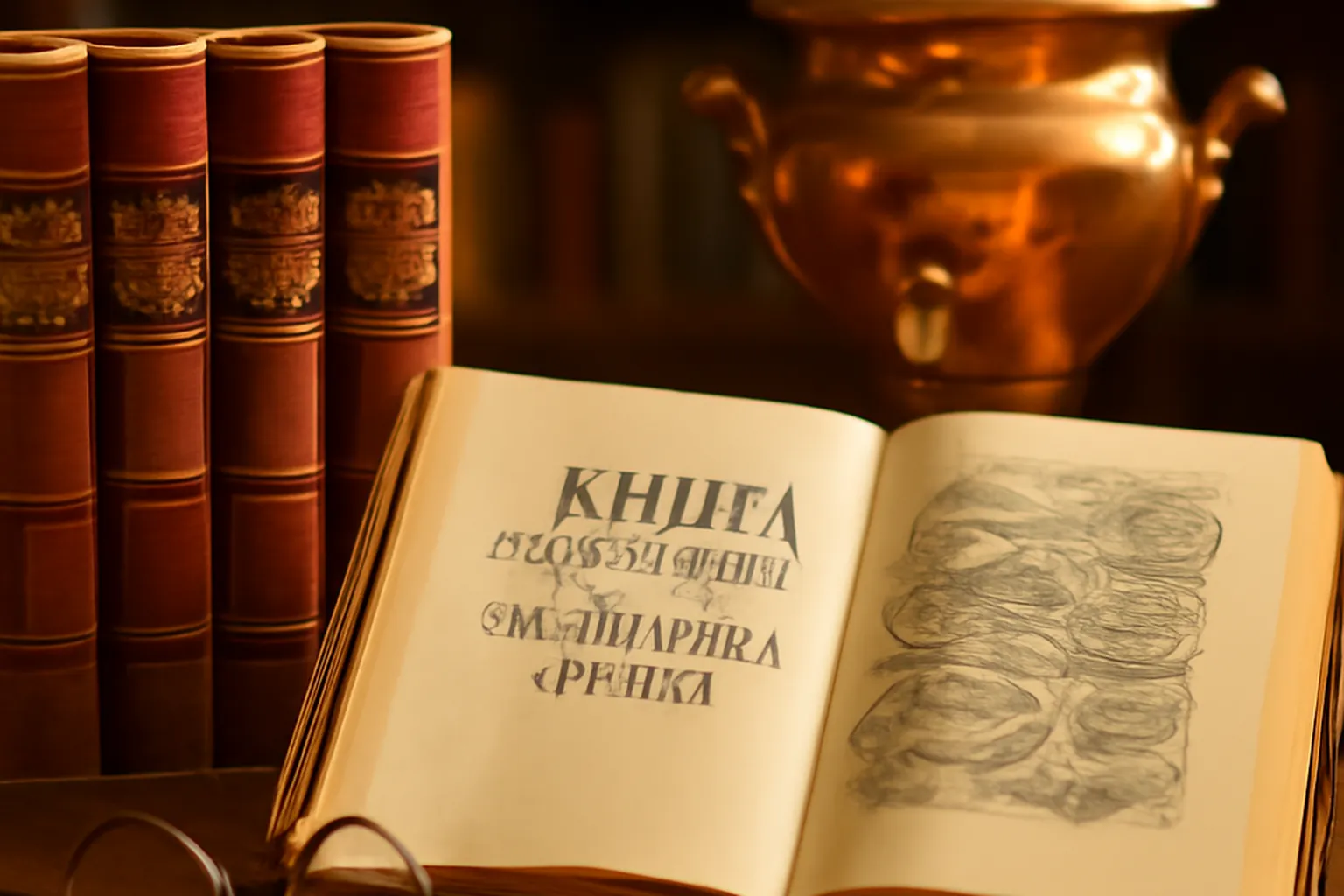 Bibliotheque culinaire avec livres de cuisine russes et samovar en cuivre