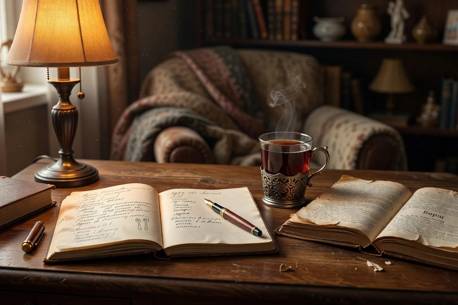 Table en bois avec carnets, stylo et tasse de the