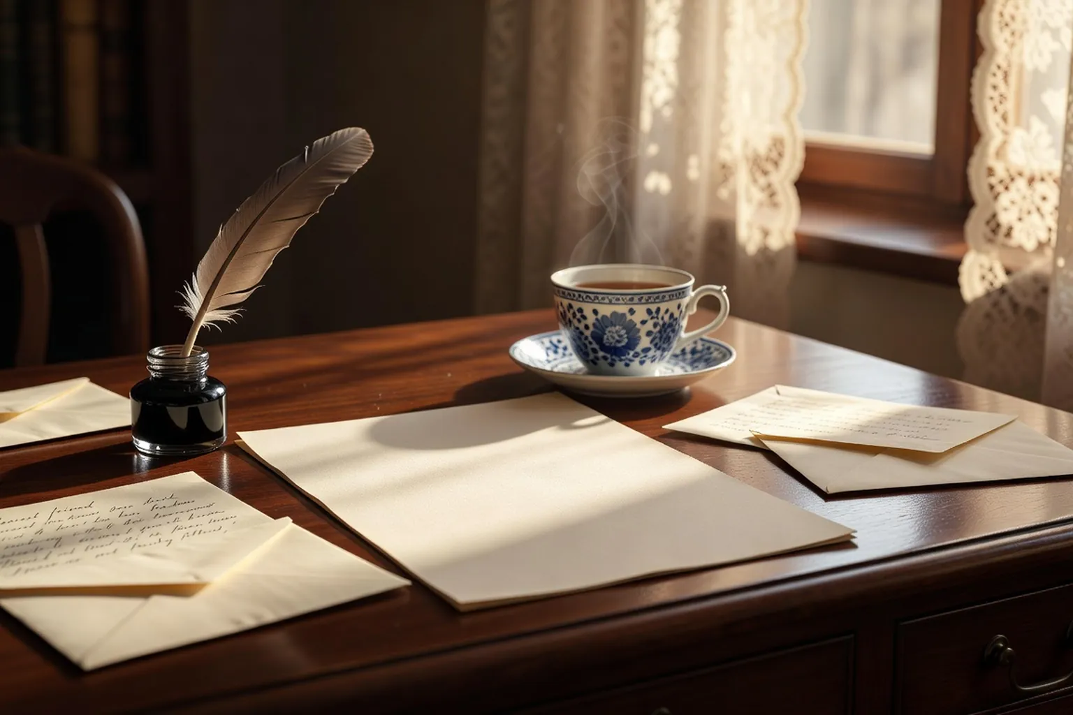 Papier a lettres et encrier sur table en bois, tasse de the fumant