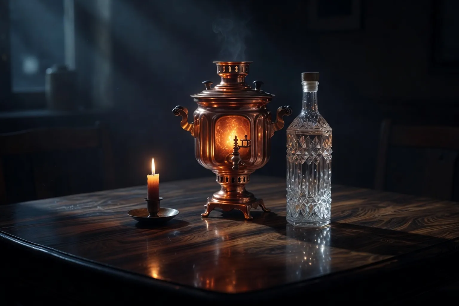 Samovar en cuivre et bouteille de vodka cristalline sur table sombre, fin de soiree d'hiver