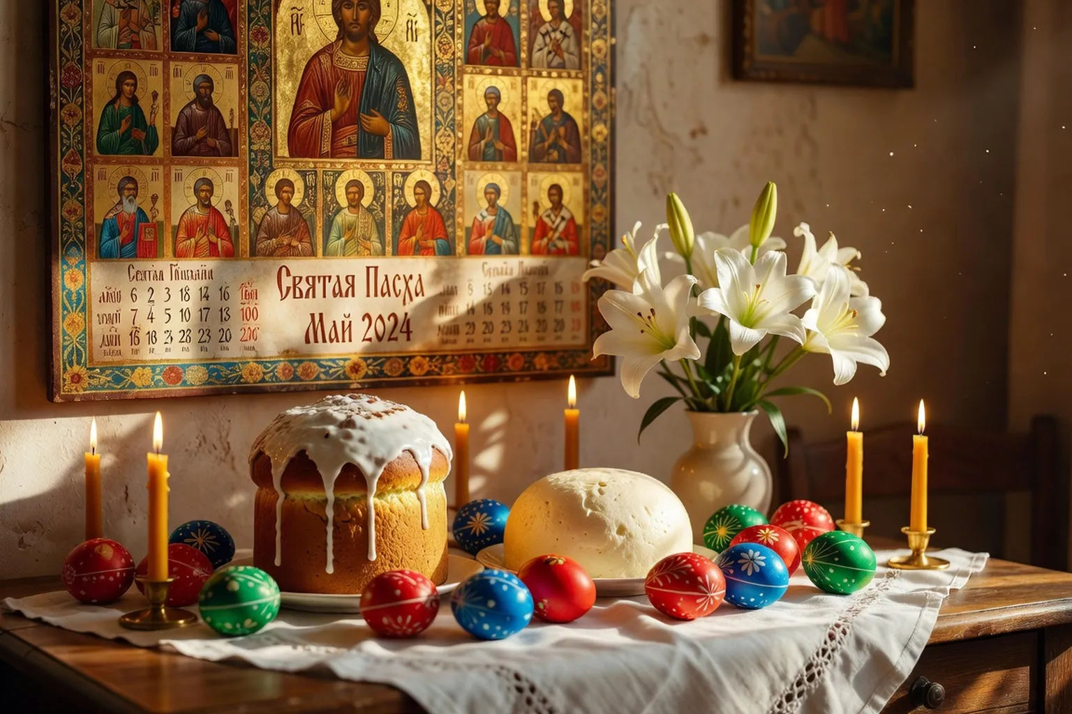 Tableau liturgique orthodoxe avec icones et table festive