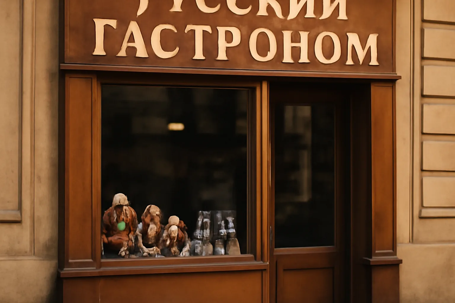 Devanture d'epicerie russe avec enseigne en cyrillique et etalage de produits