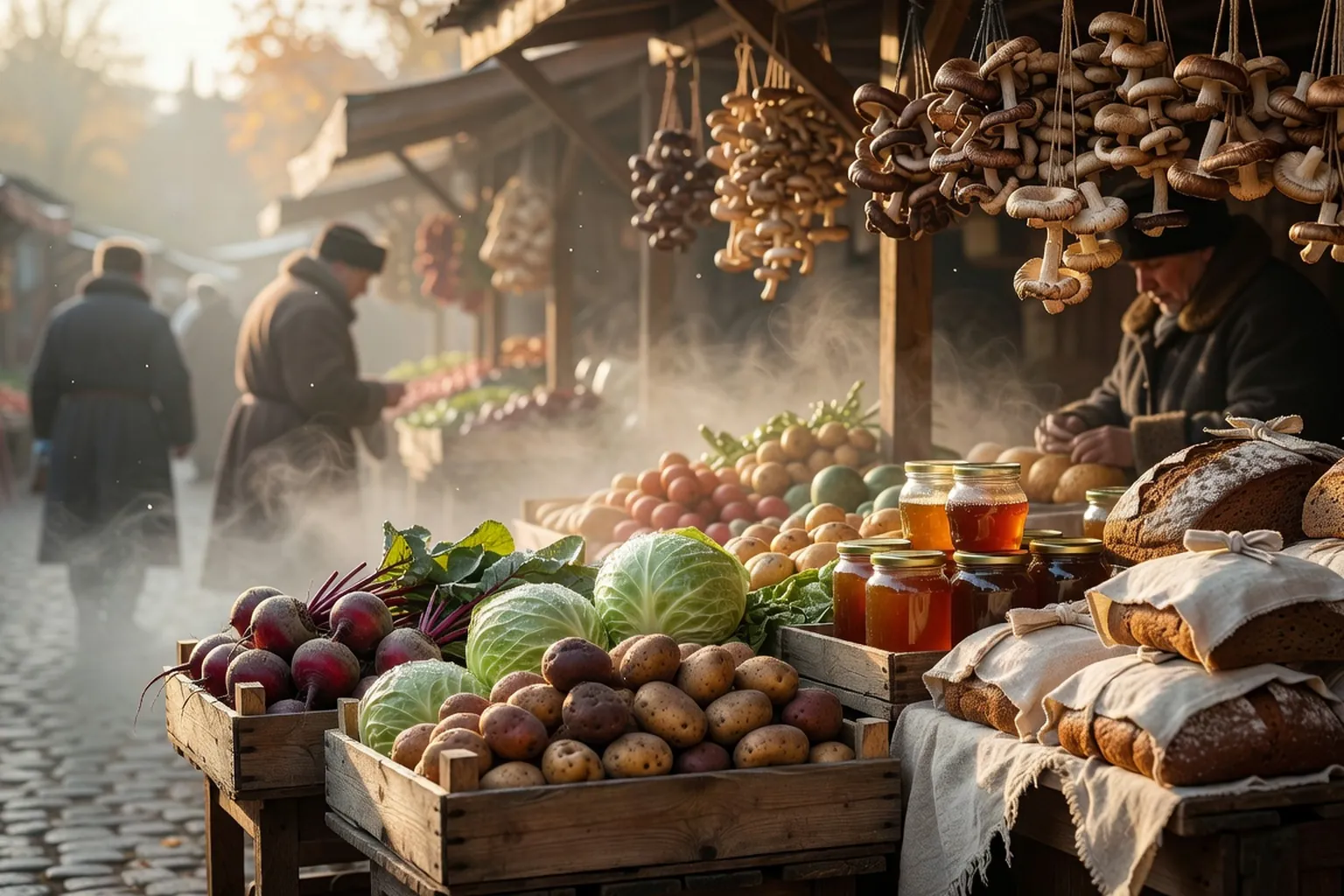 Etal de marche russe avec ingredients traditionnels : betteraves, choux, champignons seches, pain de seigle
