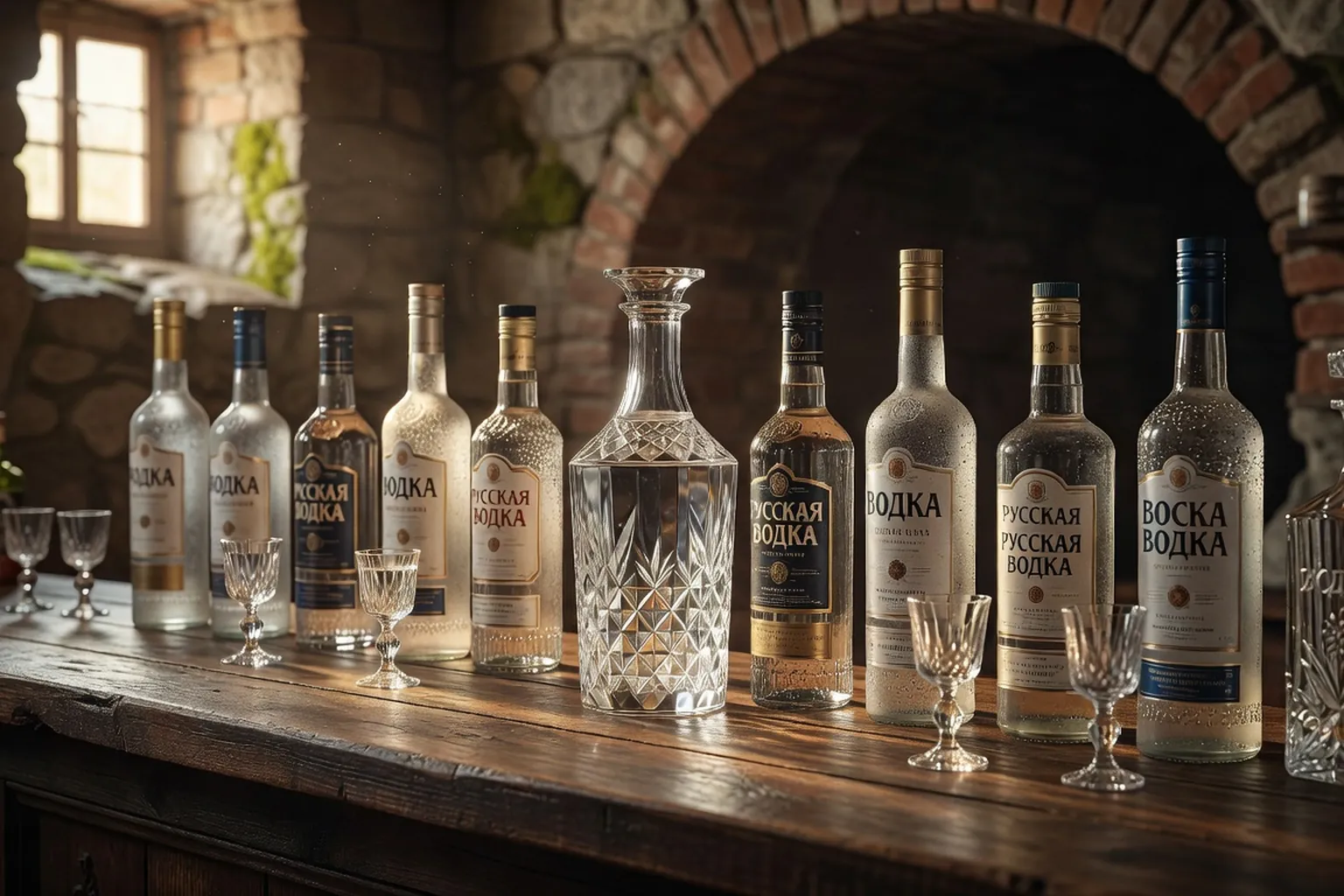 Bouteille de vodka cristalline et samovar en cuivre sur table de bois sombre