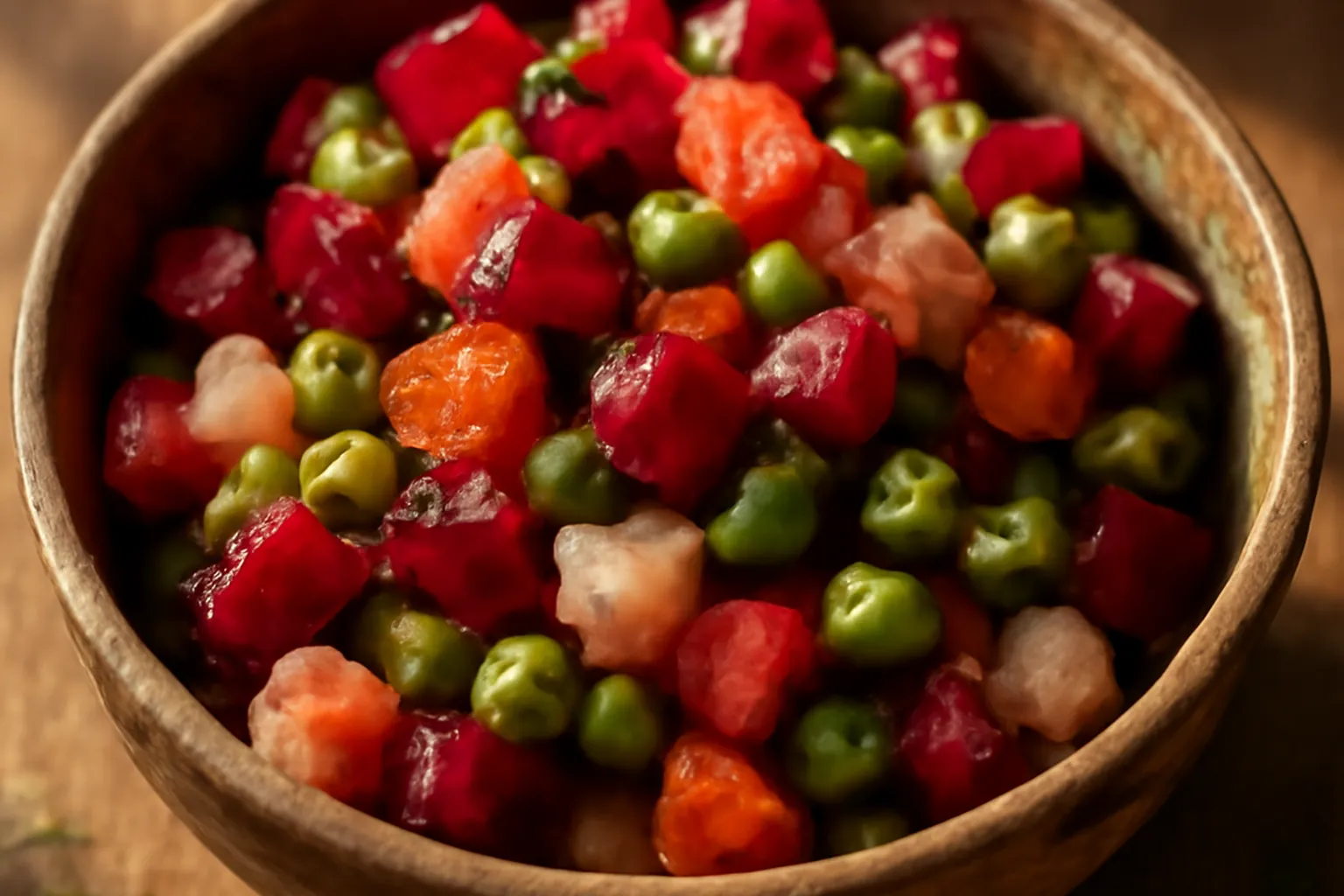 Vinaigrette russe aux legumes racines : betterave, pomme de terre, cornichons